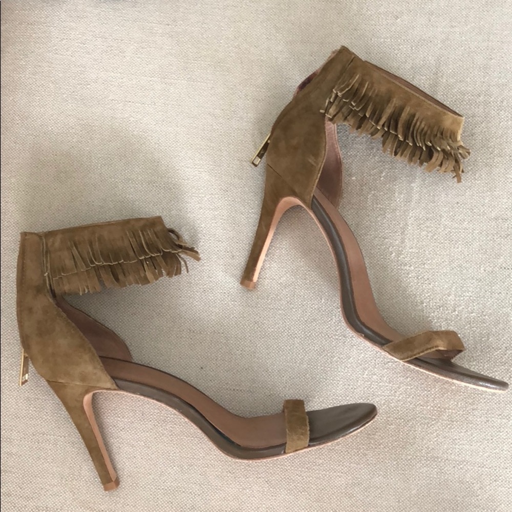 Joie olive green, fringe ankle strap heels
